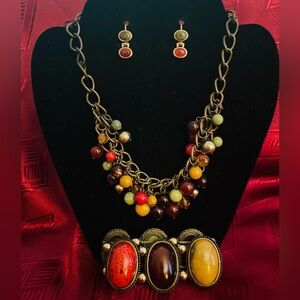 Multicolor Red, Yellow, Green Beaded Necklace with matching bracelet & earrings